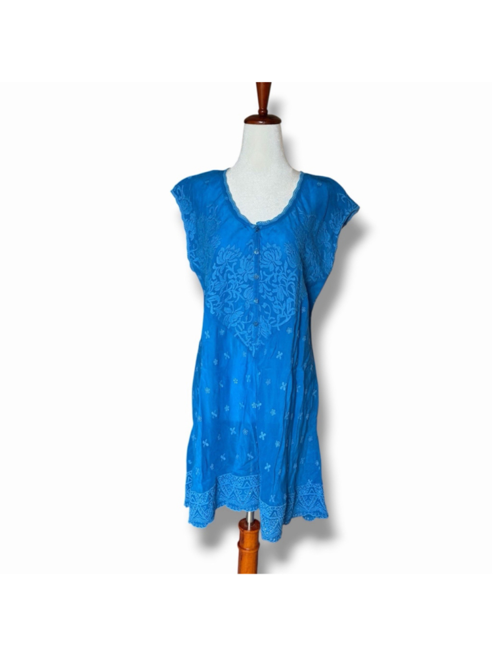 Johnny Was Blue Cupro Floral Embroidered Sleeveless Shift Dress M Semi Sheer